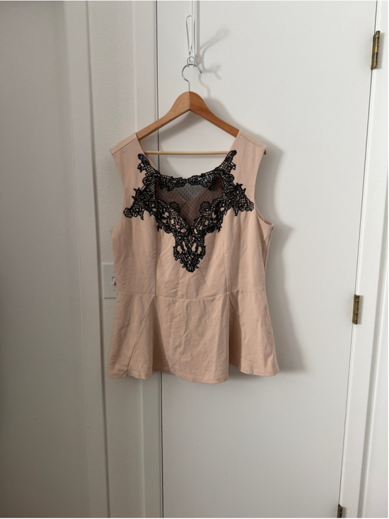 City Chic Tops - City Chic Womens L Plus Size Blush Black Lace Peplum Sleeveless Top Mesh Illusio